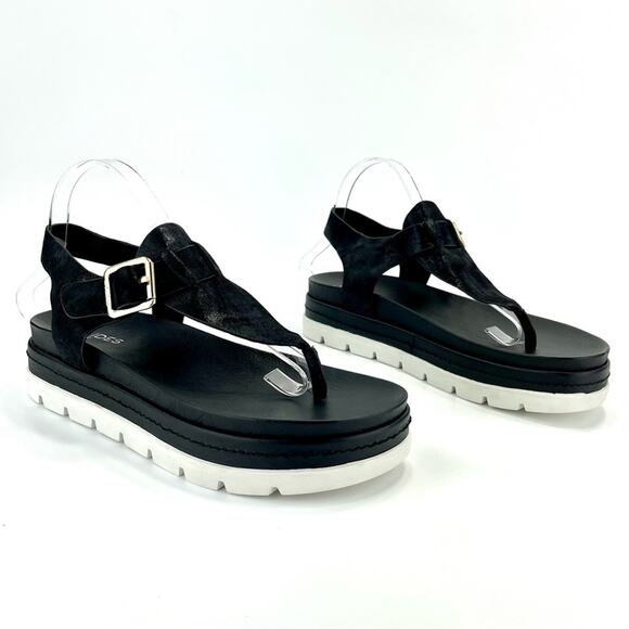 J/Slide NYC Platform Sandal Size 10 Black Shimmery Leather Thong-Toe Slingback - Picture 1 of 16